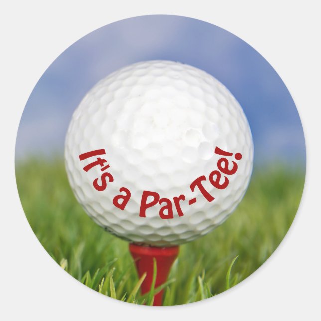 Adesivo Redondo Bola Branca de Golfe de Aniversário no Teto Vermel (Frente)