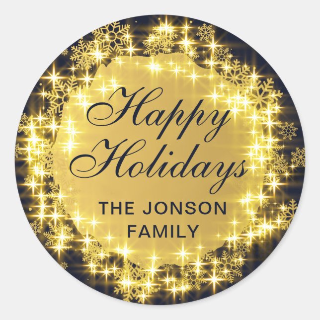 Adesivo Redondo Bola de Natal Navy & Gold Sparkle Snowflakes (Frente)