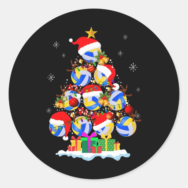 Adesivo Redondo Bola de Voleibol de Árvore de Natal Santa Hat Engr (Frente)