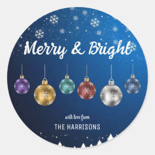 Adesivo Redondo Bolas de Natal Coloridas Flocos de Neve Azul