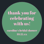 Adesivo Redondo Bold Pink Green Custom Bridal Shower Thank You<br><div class="desc">This personalized round sticker features bold pink typography on a fresh green background for a fun, modern bridal shower look. The cheerful message is perfect for sealing envelopes, decorating favor bags, gift boxes, or thank you notes at a bridal shower celebration. Customize the name and date to match your event...</div>