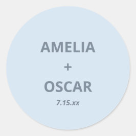 Adesivo Redondo Bold Soft Blue Modern Wedding Names Date Custom