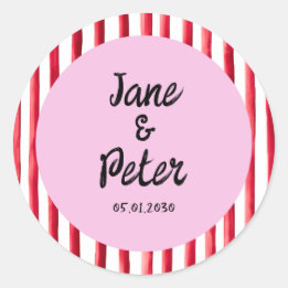 Adesivo Redondo Bold Stripes Modern Red and Pink Wedding Stickers