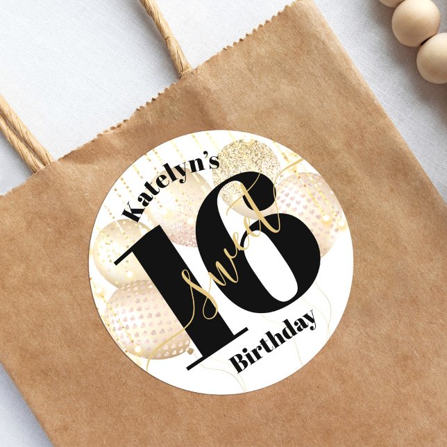 Adesivo Redondo Bold Sweet 16 Birthday Dourado Girly Balloons Whit (Criador carregado)