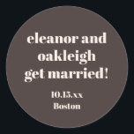 Adesivo Redondo Bold Typography Warm Brown Modern Wedding Custom<br><div class="desc">This personalized wedding sticker in brown features bold modern typography with a warm,  minimalist layout. Customize the names,  date,  and location to match your celebration details. A versatile option for wedding favors,  envelopes,  welcome bags,  and day-of decor. Designed to coordinate seamlessly with modern and neutral wedding styles.</div>