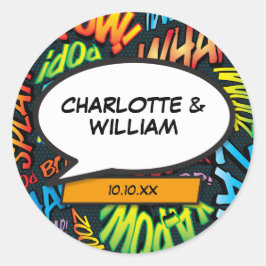 Adesivo Redondo Bolha de Letras Retrópicas do Livro de Cômicos de