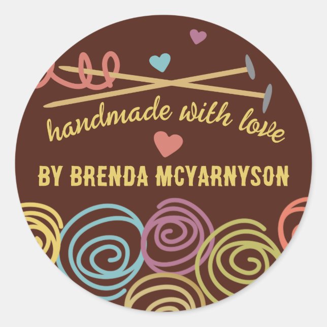 Adesivo Redondo Bolhas de tricô de fios artesanatos de tricô agulh (Frente)