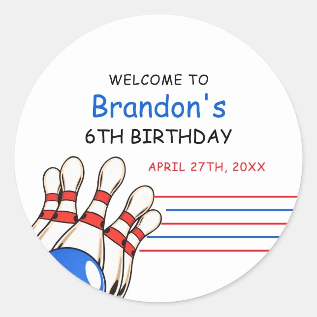 Adesivo Redondo Boliche Vermelha e Azul Jogada no Aniversário da 6 (Frente)