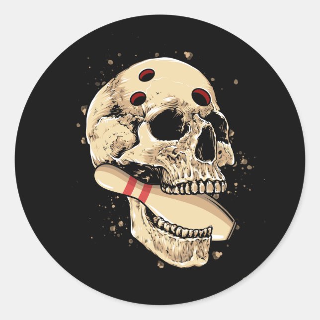 Adesivo Redondo Boliches Pilhas Retro Skeleton Head Bowler Hall (Frente)