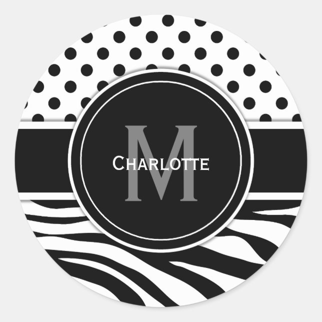 Adesivo Redondo Bolinhas brancas pretas monograma e faixas de zebr (Frente)