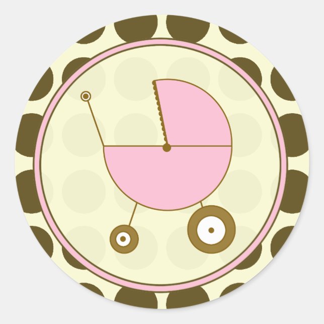 Adesivo Redondo Bolinhas castanha e Carruagem rosa para bebês (Frente)