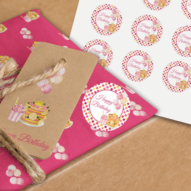 Adesivo Redondo Bolinhas de aniversário feliz amarelo rosa (Pink Yellow Birthday Gift Tag Sticker)