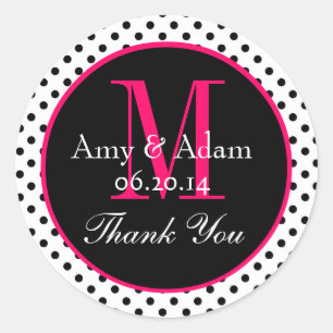 Adesivo Redondo Bolinhas Negras Cor-de-Rosa Favor de Casamento Obr