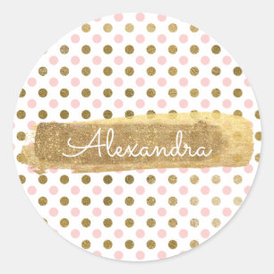 Adesivo Redondo Bolinhas rosa-branca e selagem de envelopes Dourad