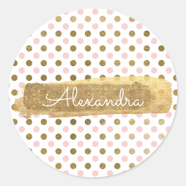 Adesivo Redondo Bolinhas rosa-branca e selagem de envelopes Dourad (Frente)