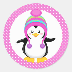 Adesivo Redondo Bolinhas rosa Menina de Pinguim