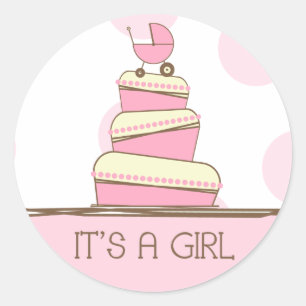 Adesivo Redondo Bolo cor-de-rosa da carruagem de bebê "é etiquet