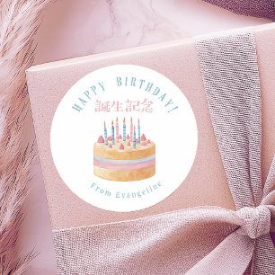 Adesivo Redondo Bolo de Aniversário Aguarela Rosa Azul