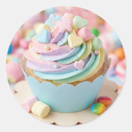 Adesivo Redondo Bolo de Aniversário com Cupcake de Chuva de Cores 