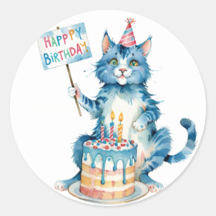 Adesivo Redondo Bolo de Aniversário de Gato Azul - Noite
