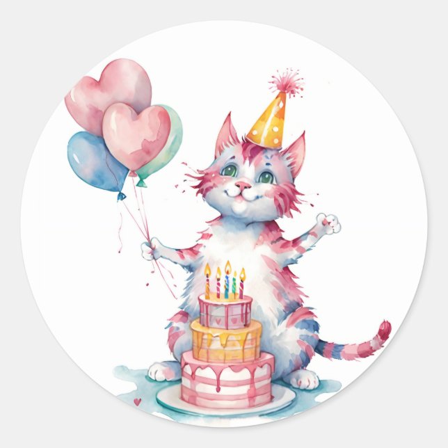 Adesivo Redondo Bolo-de-Aniversário de Gato Rosa - Bolo-de-Anivers (Frente)
