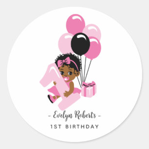 Adesivo Redondo Bolo de Aniversário de Menina Negra com Balão Rosa