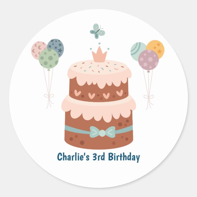 Adesivo Redondo Bolo de aniversário de Pastel com balões (Frente)