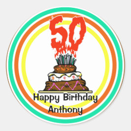 Adesivo Redondo Bolo de Aniversário em Fogo com 50 Velas