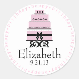 Adesivo Redondo Bolo de aniversário feliz rosa