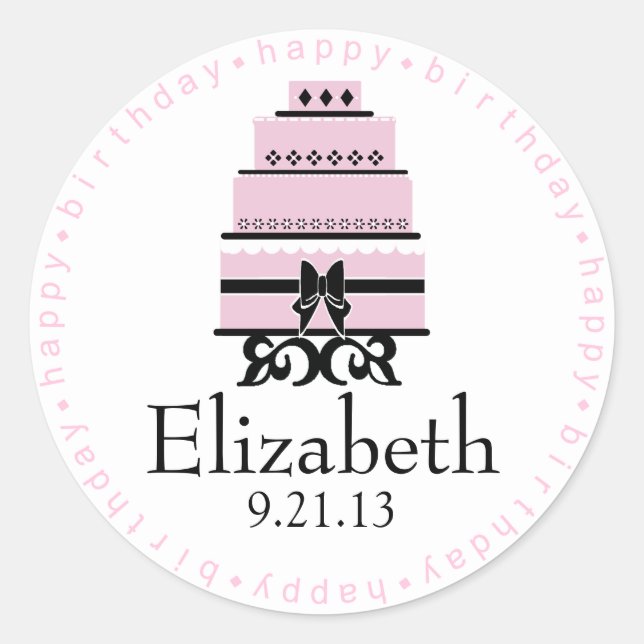 Adesivo Redondo Bolo de aniversário feliz rosa (Frente)