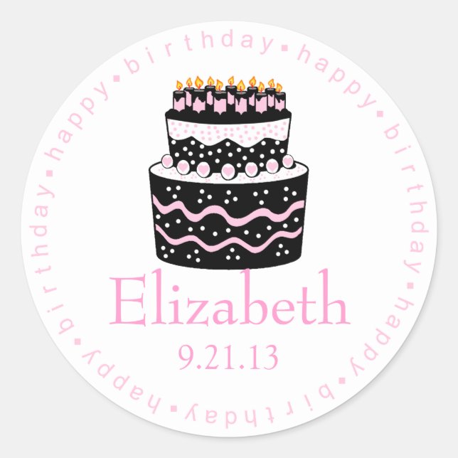 Adesivo Redondo Bolo de aniversário feliz rosa (Frente)