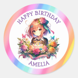 Adesivo Redondo Bolo de Aniversário Personalizado de Menina de Ani