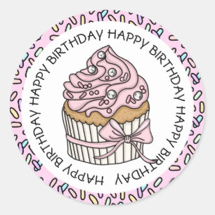 Adesivo Redondo Bolo de Aniversário Rosa e Creme
