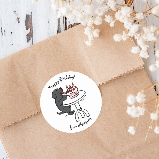 Adesivo Redondo Bolo de Cartoon Black Labrador de Bolo de Aniversá (Birthday Cake Black Labrador Stickers for celebrating Birthday.  Cute Black Lab Cartoon Design.)