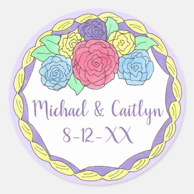 Adesivo Redondo Bolo de Casamento de Rosas Florais (Frente)