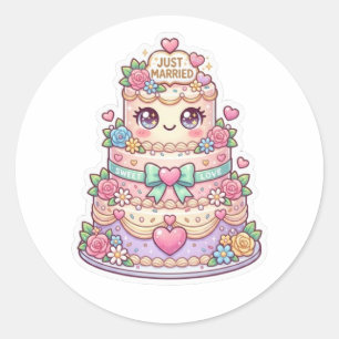Adesivo Redondo Bolo de Casamento Kawaii Fofo Pastel Floral