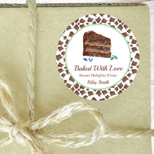 Adesivo Redondo Bolo de Chocolate Aquarela Feito com Amor Nome
