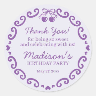 Adesivo Redondo Bolo de Coquetel Retro Cardíaco com Arco Roxo Aniv