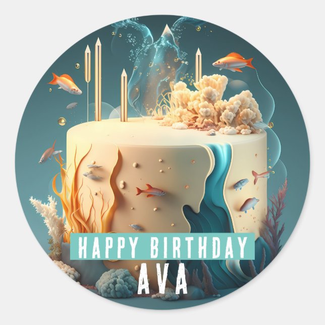 Adesivo Redondo Bolo de Corais de Algas Marinhas - Aniversário (Frente)