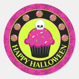 Adesivo Redondo Bolo de Halloween cor-de-rosa e verde fofo com cav