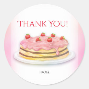 Adesivo Redondo Bolo de Morango Rosa Favor de Festa de Aniversário