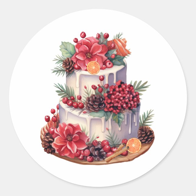 Adesivo Redondo Bolo de Natal Aquarela com Flores, Berries (Frente)