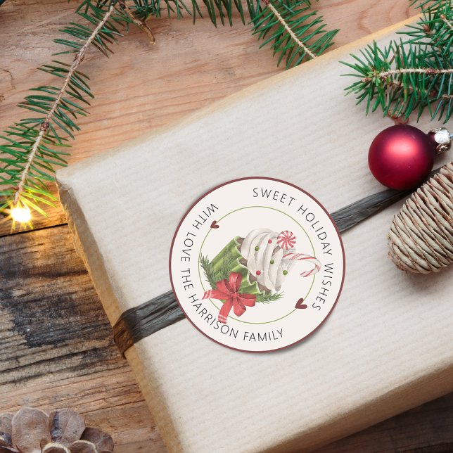 Adesivo Redondo Bolo De Natal Personalizado (Sweet Holiday Cupcake Personalized Classic Round Sticker)