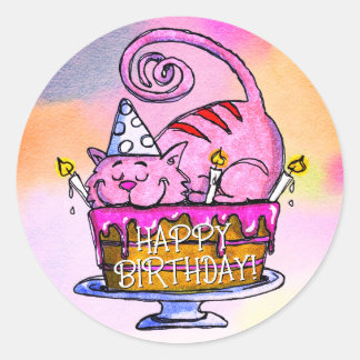 Adesivo Redondo Bolo e Velas Felizes de Aniversário Feliz