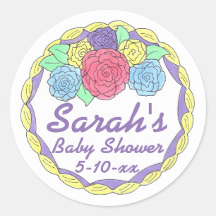 Adesivo Redondo Bolo Floral de Flores Rosas do Chá de Bebê de Noiv