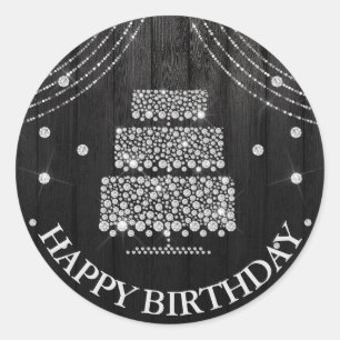 Adesivo Redondo Bolo Preto Prateado Garrafa Feliz Aniversário
