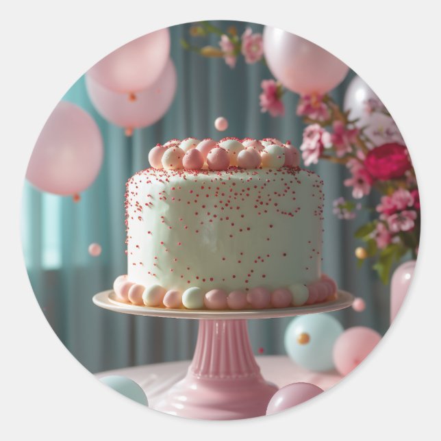 Adesivo Redondo Bolo Rosa E Balões (Frente)