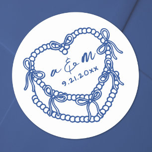 Adesivo Redondo Bolo Vintage Desenhado à Mão Azul Casamento Capric