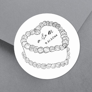 Adesivo Redondo Bolo Vintage Desenhado à Mão Casamento Caprichoso