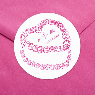 Adesivo Redondo Bolo Vintage Desenhado à Mão Rosa Casamento Capric
